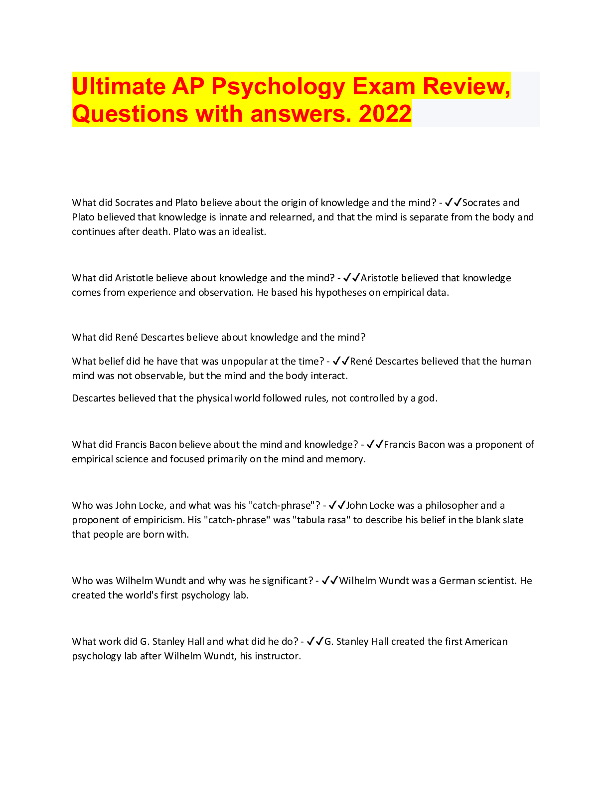 Ultimate AP Psychology Exam Review, Questions with answers. 2022